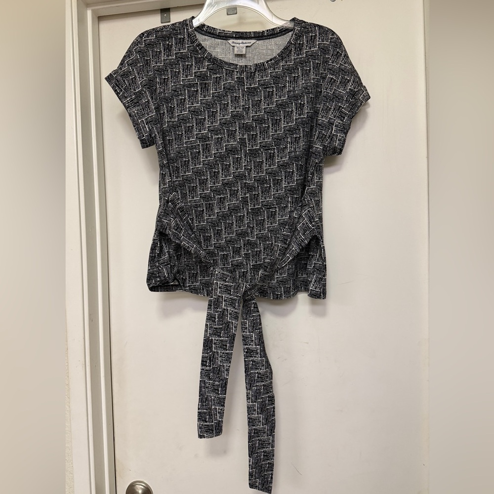 Tommy Bahama Cotton/Modal, Black/White, Short Sleeve Top With Tie - Size Xs
